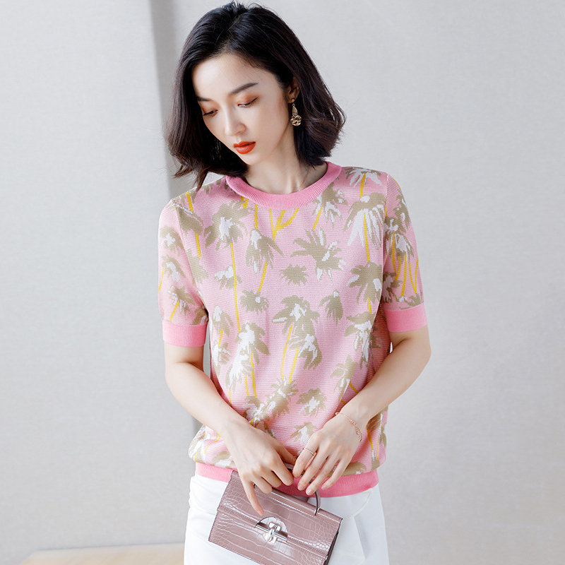 

Knitted Pullovers Women Sweaters 2020 New Summer Fashion O-Neck Short-Sleeved Jacquard Stella Filante Jumper Thin Pull Femme, Black