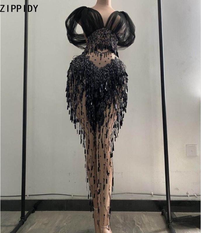 

Black Sequin Fringe Spandex Jumpsuit Bar DS Women Dancer Show Leggings Birthday Prom Outfit Women Singer Outfit
