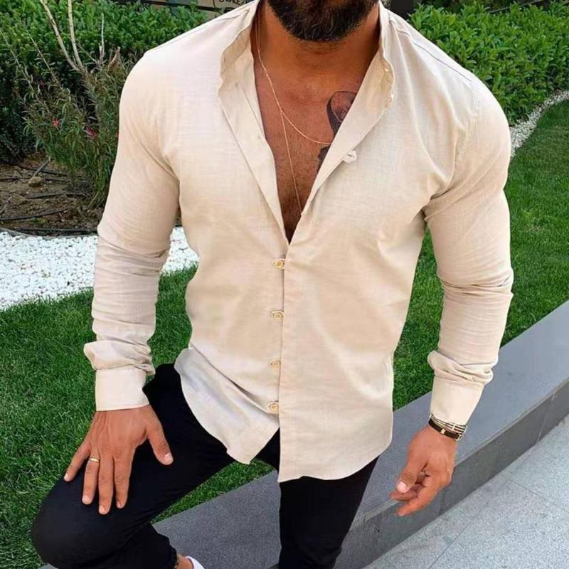 

Autumn Man Vintage White Shirt 2020 Mens Solid Color Stand Collar Long Sleeve Casual Harajuku Men Slim Fit Shirts Chemise Homme, Black