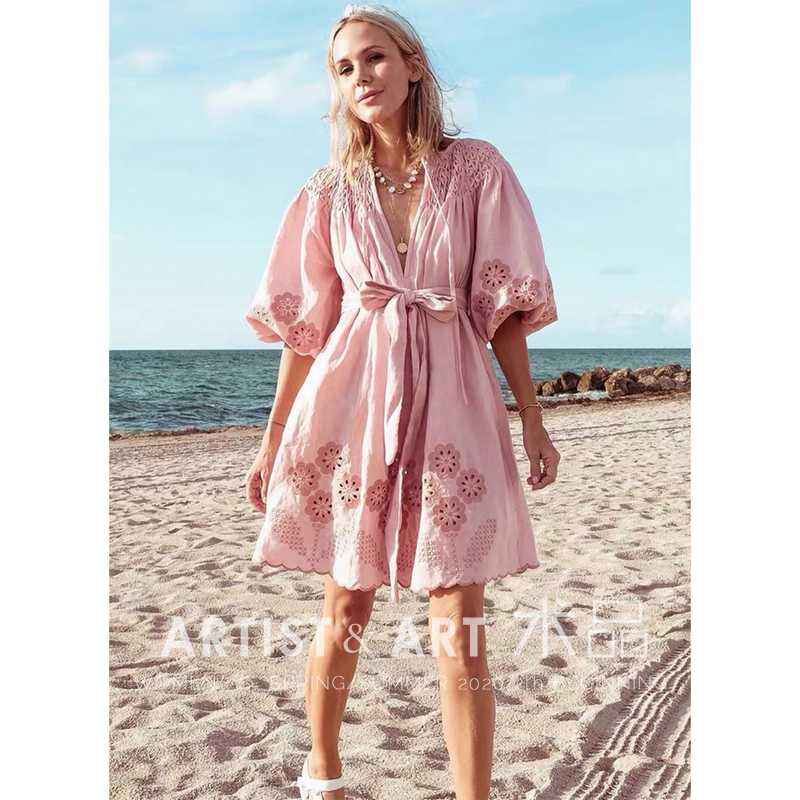 

Pink Cotton And Linen Women Dress 2020 Summer Elegant O-neck Hollow Out Floral Embroidery Loose Casual Dress Female