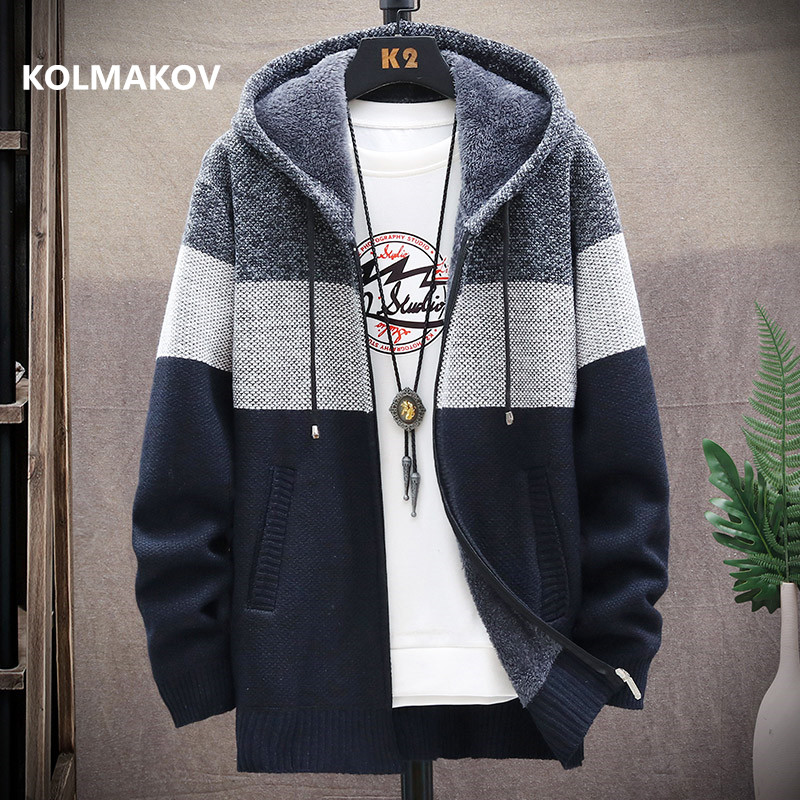 

2020 winter Men's high quality Knitted thicken Mens Coats Hood Male Sweater Casual Keep warm Male Cardigan Sweaters Men, Blue