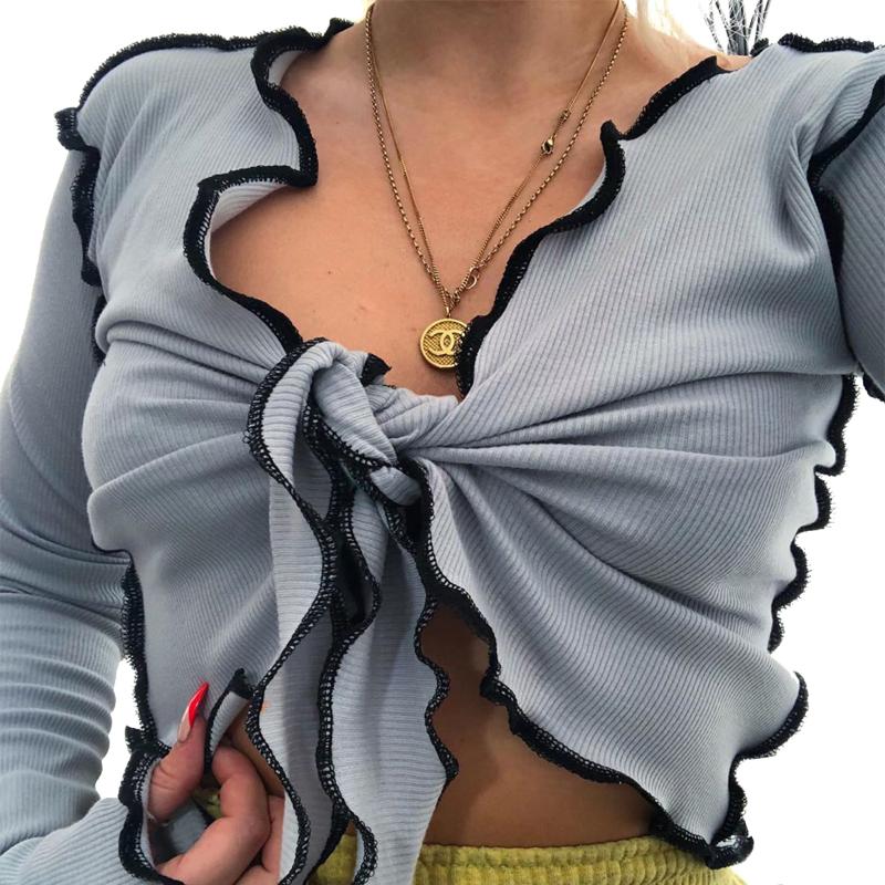 

Women Sexy Long Sleeve Lace-up Crop Top Ladies Fashion Slim Fit V-neck Bow Solid Shirts 2020 New, Blue