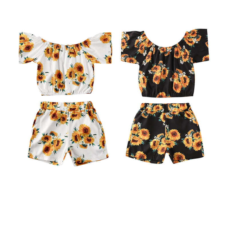 

2020 Summer Infant Baby Girl Sunflower Clothes Short Sleeve Tops T-Shirt Shorts Pants Set Outfits Two Piece Sets 0-5 Years, As photo shows