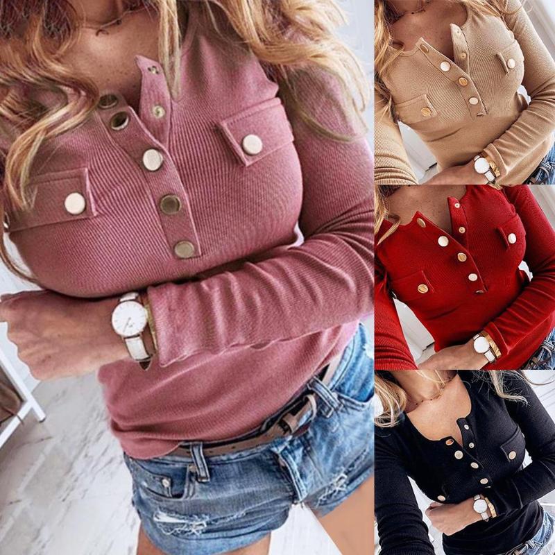 

Sexy Women Long Sleeve Solid Color nbuckle few front button Ribbed Slim Plus Size Low-cut Blouse, Pink