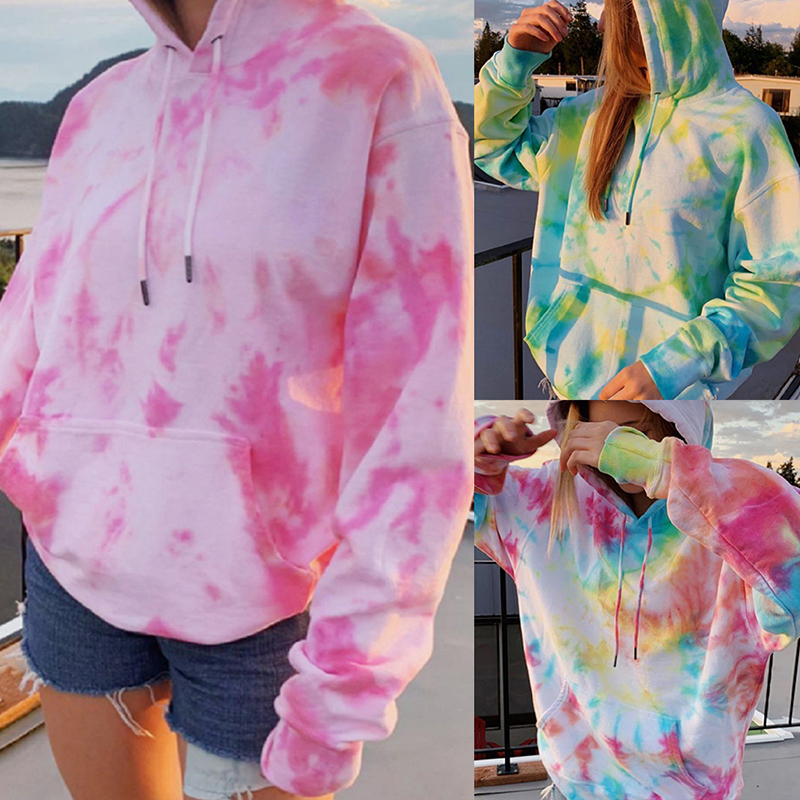 

Hoodies Women Fashion Tie Dye Print Sweatshirt Oversized Drawstring Long Sleeve Winter Streetwear Women Clothes Sfit, Blue