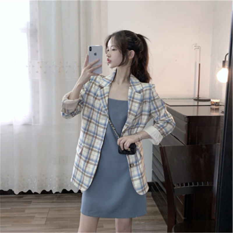 

Spring Summer Blazer Jackets 2020 new retro Plaid long-sleeved Suit Jacket + Sling Sleeveless Dress Women' 2-piece Sets M257, Strap dress