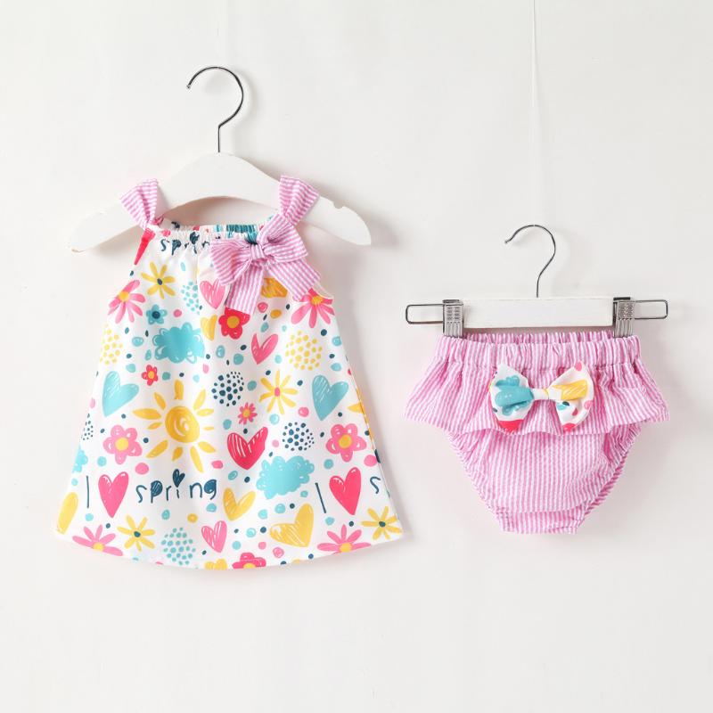 

2020 Girl Summer Kids Casual Home Wear Cotton Love Print Girls Sling Dress + Striped PP Pants, As picture