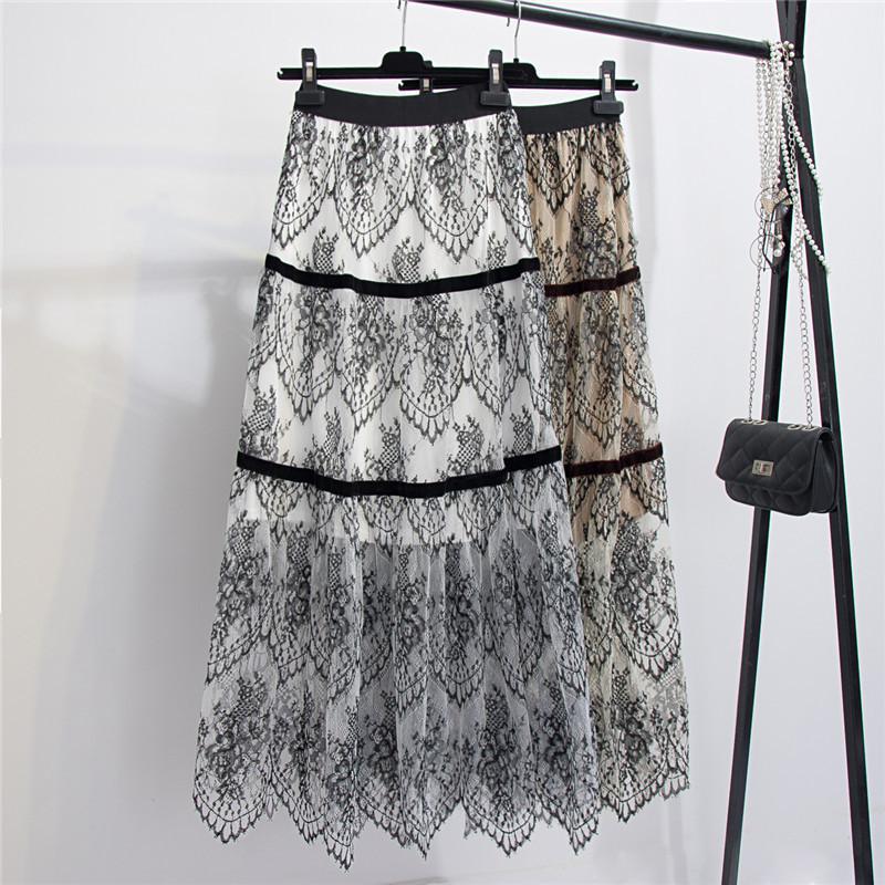 

2020 Summer New Women High Waist Slimming Hollow Crochet Lace Skirts Casual Simple All-match Women Long Skirts Free Shipping, Khaki