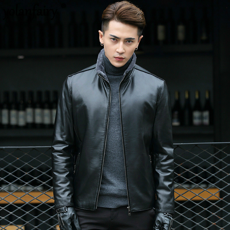 

Mens Winter Leather Jacket Sheepskin Coat Genuine Leather Jackets for Men 100% Wool Lining Short Motorcycle Coats F17S001 KJ2508, Black