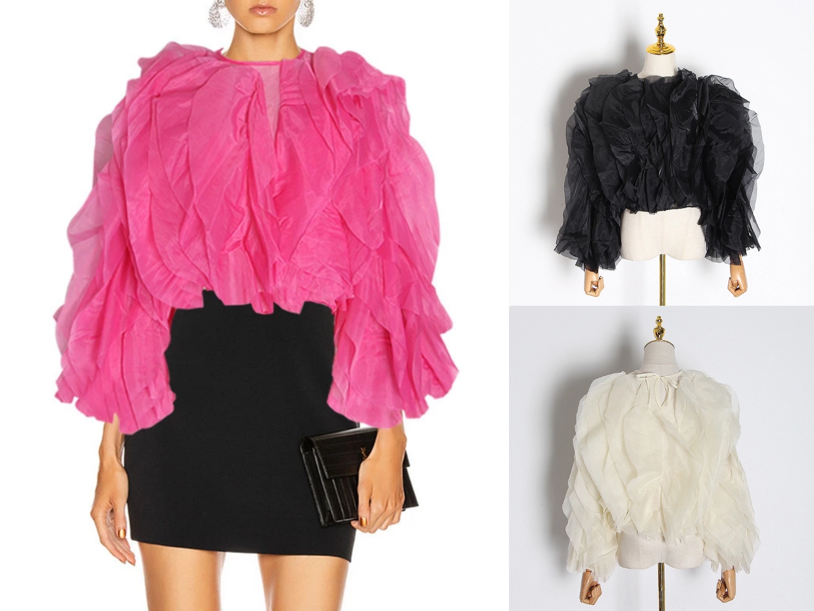 

European and American spring and autumn ruffled stitching mesh shirt, Black