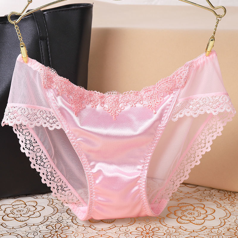 

European and American sexy underwear women lace low waist mesh ladies cotton file transparent briefs, Black