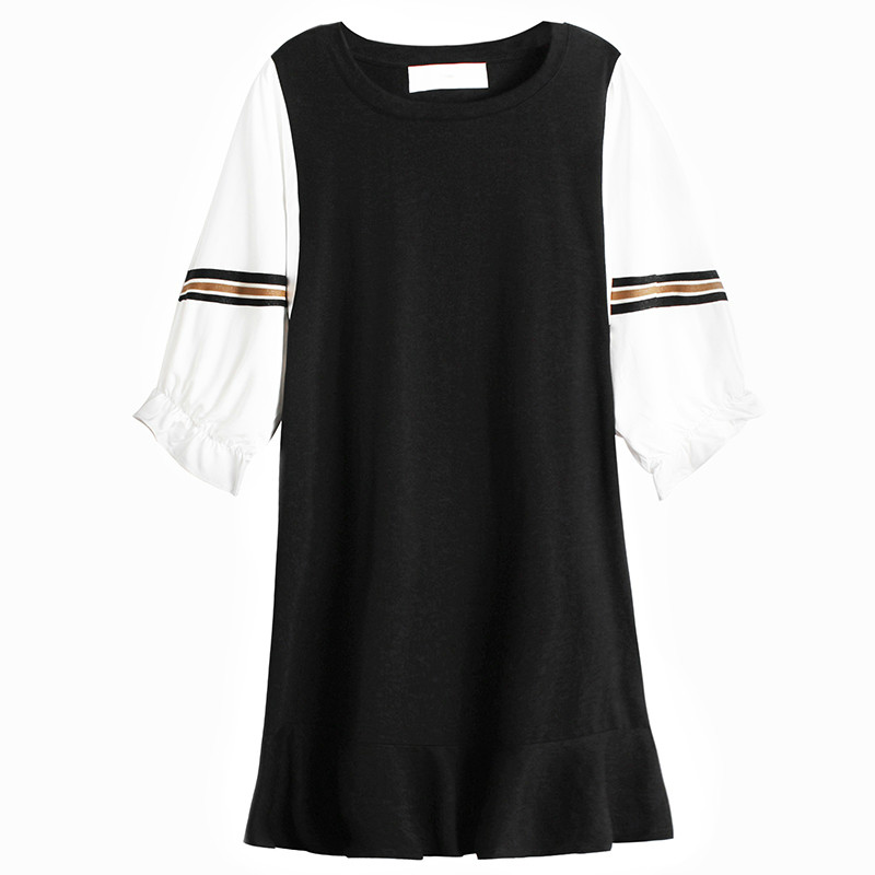 

Women Striped Split Big Size Dress New Round Neck Three-quarter Sleeve Loose Fit Fashion Tide Spring Summer 2020 K291, Black