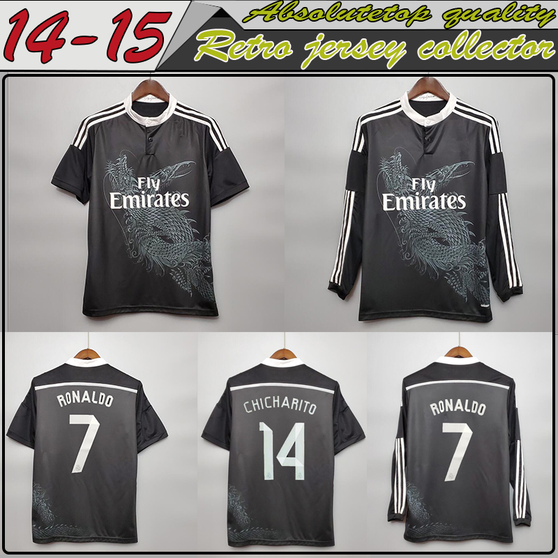 

Top vintage jersey Ronaldo Benzema Isco Long 2014 2015 Real Madrid retro soccer jersey vintage third black football shirt Chinese dragon, Black;yellow