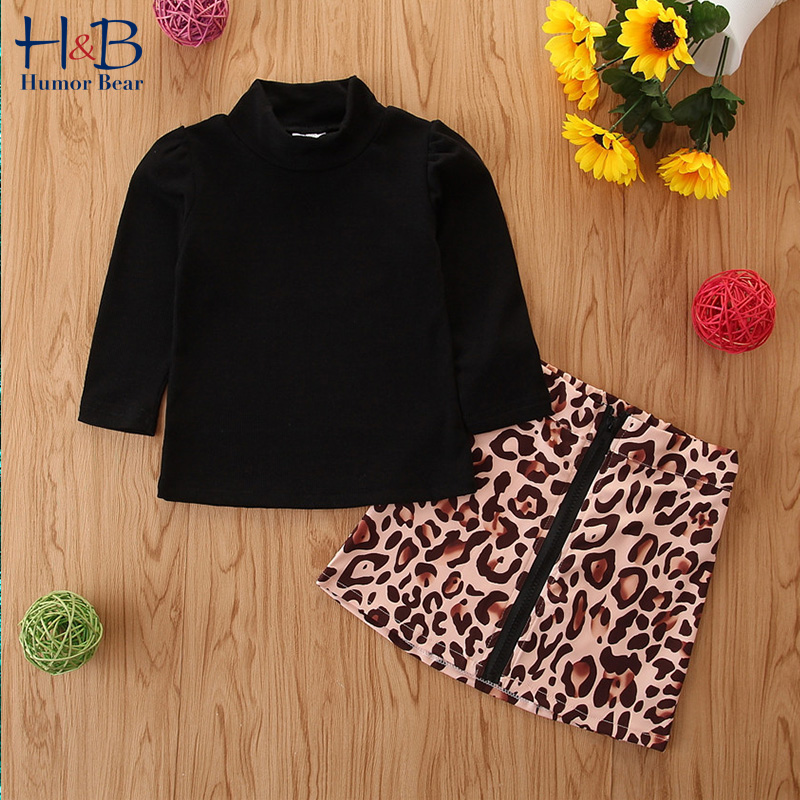 

Humor Bear Korean Version Of Children'S Clothing Autumn Girls' Suits Fashionable Long-Sleeved Shirt Leopard Skirt 2pcs Clothes, 1307 black