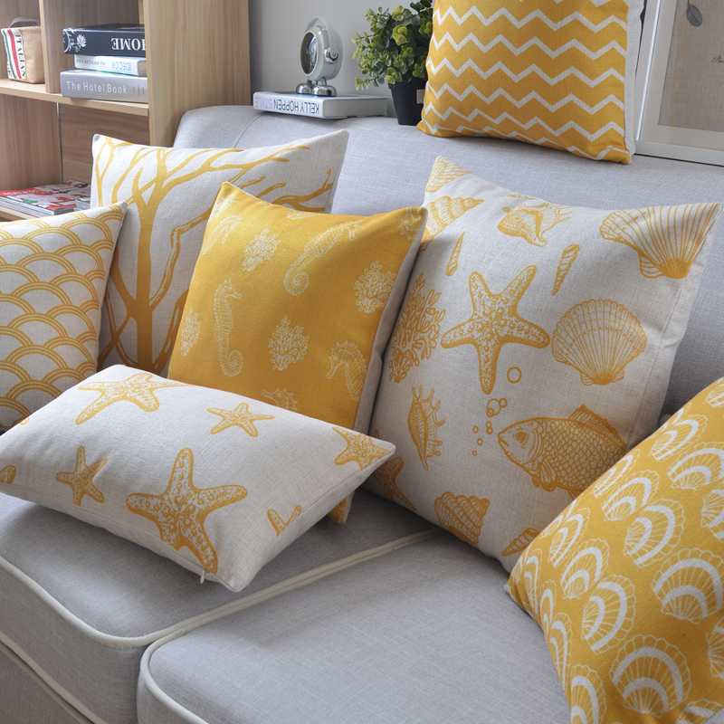 

Yellow Starfish Sea Horse Shell Palm Tree Anchors Decorative Cushion Throw Pillow Case For Sofa Car Cushion Covers 45x45cm, As picture