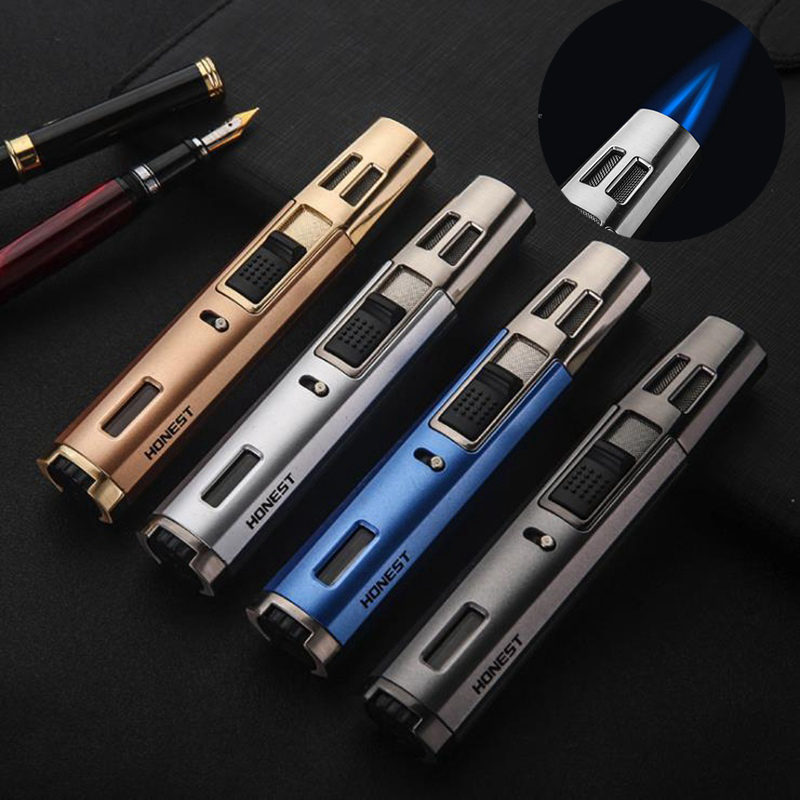 

Double Cross Flame Butane Torch Lighter Outdoor Metal Portable Long Strip Windproof Gas Cigarette Cigar Lighter Gadgets For Men