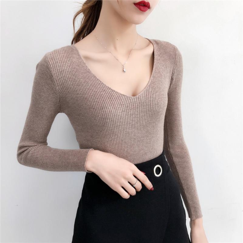 

Pull Femme Sexy Deep V Neck Women Sweaters And Pullovers 2020 Winter Pink Gray Knitted Warm Jumper Slim Stretch Sweater Female, White