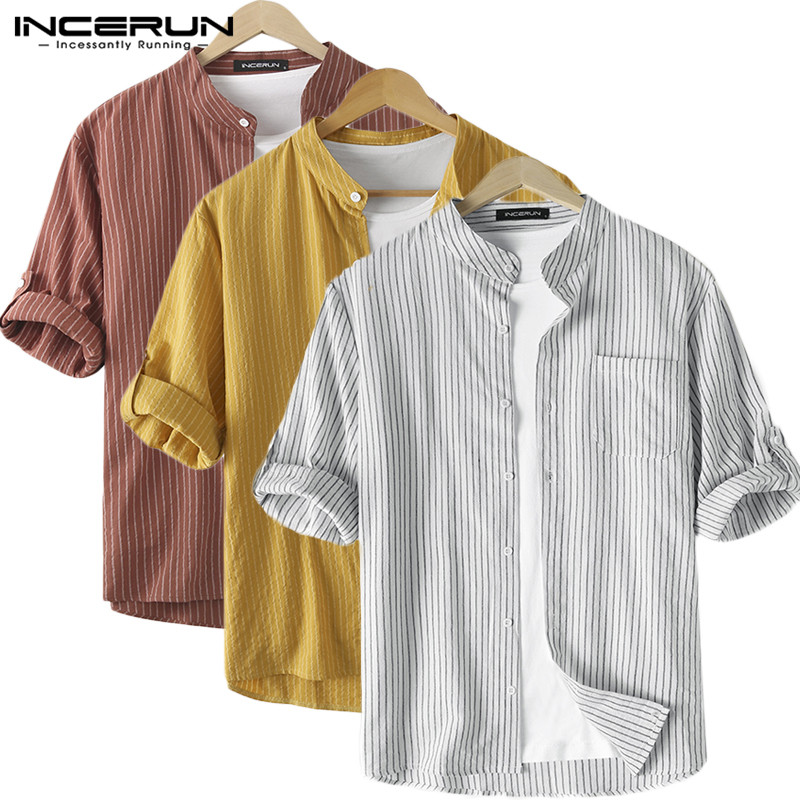 

INCERUN Men Casual Striped Shirt 3/4 Sleeve Stand Collar Button Cotton Streetwear Brand Shirts Leisure Breathable 2020 Camisas, White