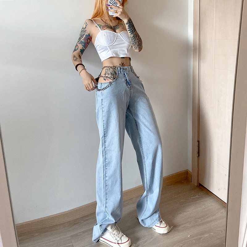 

2020 NEW fashion High Waist Straight Jeans Pant Women Streetwear Loose Female Denim Jeans metal schain Ladies SL-07, Blue