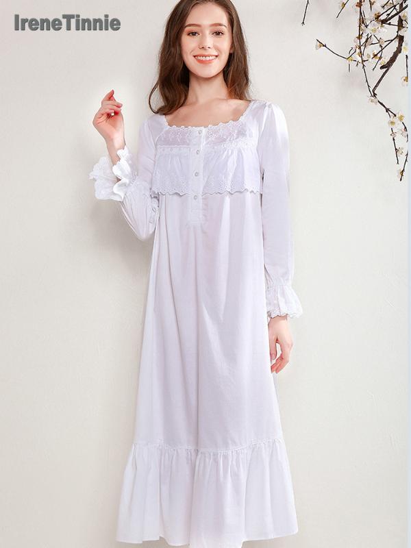 

Irene Tinnie Vintage Cotton Women's Long Nightgowns Long Sleeve Sweet Girls Princess Sleepwear Loose Royal Nightdress, White