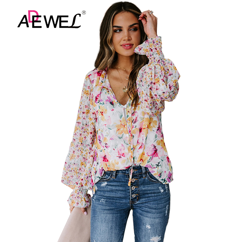 

ADEWEL 2020 Harajuku Cakewalk Floral Smocked Loose Woman Tshirts Plus Size V Neck Long Sleeve Tops Ropa Mujer Clothes 2XL, Multi