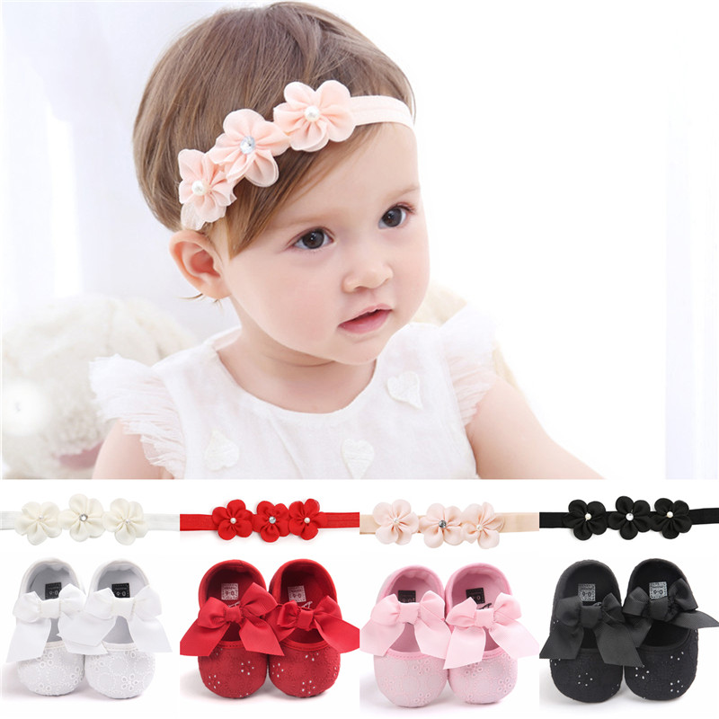 

Baby Shoes White 3 Flower Lace Headband Baby Newborn Toddler Girl Crib Bow Shoes Pram First walker Anti-slip Sneakers Soft Sole