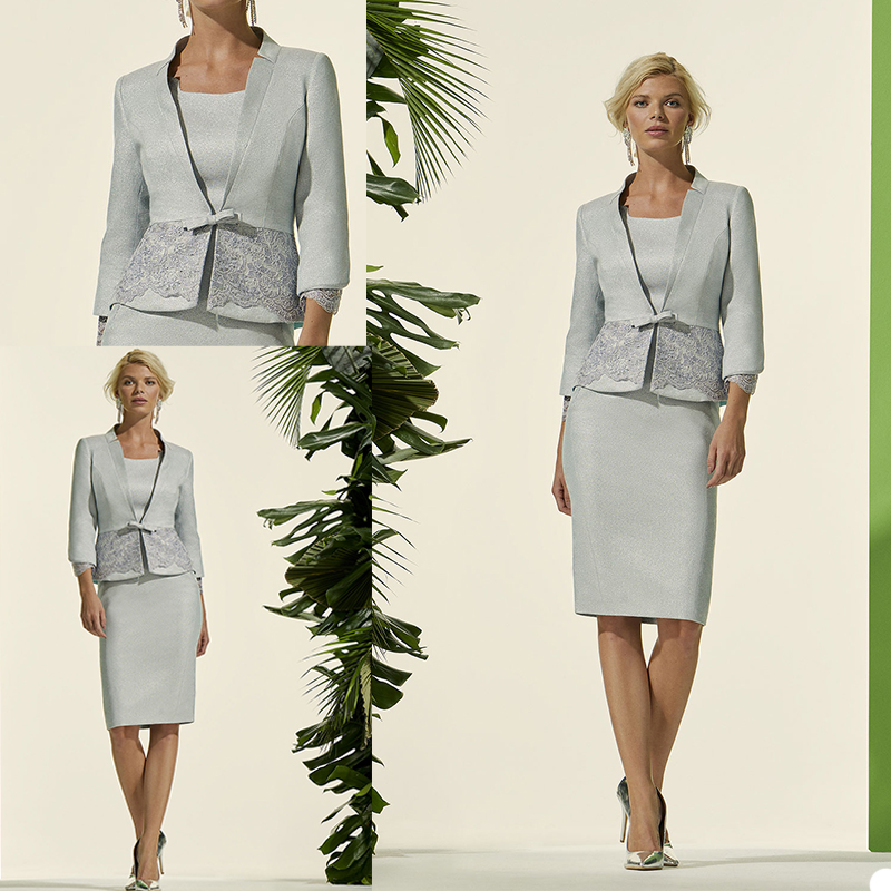 

Elegant Mother of the Bride Dresses with Long Sleeve Jacket Lace Satin Evening Gowns Custom Made Knee Length Wedding Guest Dress