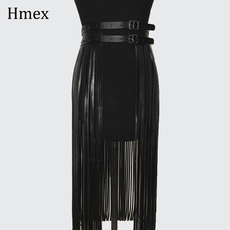 

Belts For Women PU Leather Short Long Tassel Skirt Club Party Slim Fringe Female Skirt Black Decorative Summer Dress 2020 New CX200722