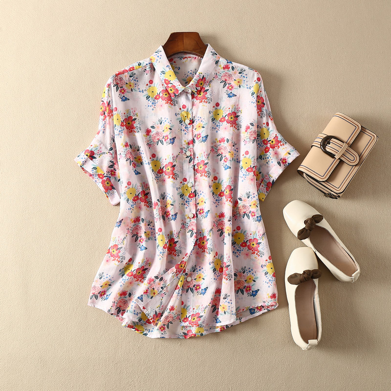 

Elfbop Silk Cotton Blend Lapel Floral Printed Blouse Shirt Top With Short Sleeve, Multi