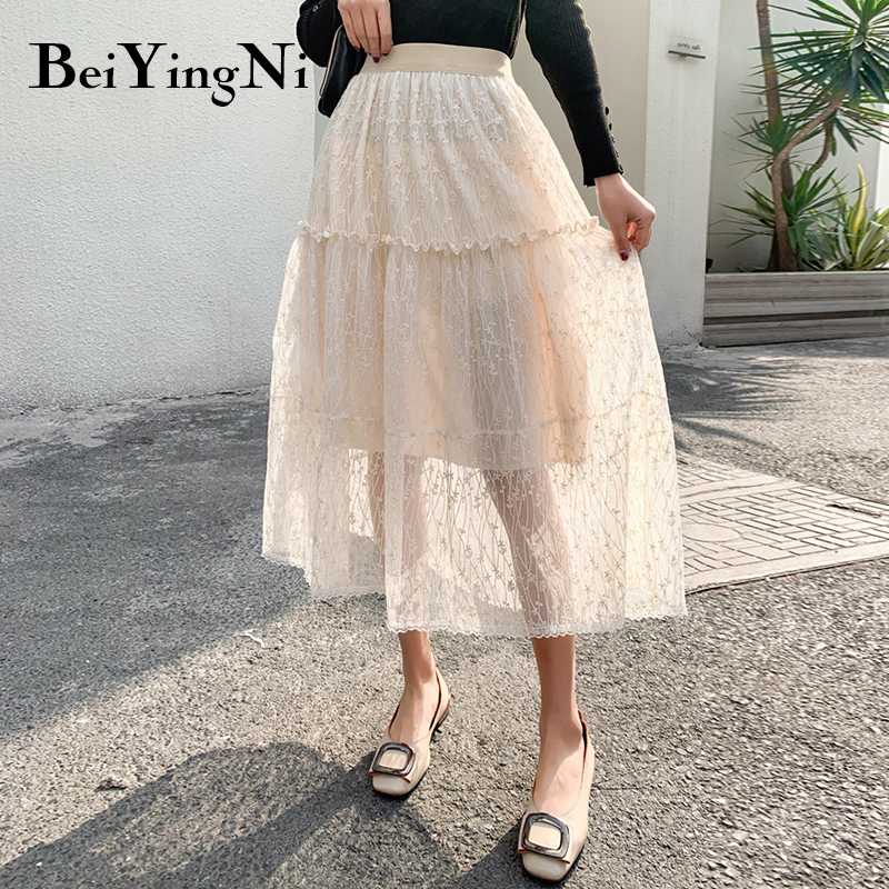 

Beiyingni 2020 Spring Summer Skirt Women Solid Color High Waist Embroidery Mesh Tulle Skirts Elegant Casual Midi Pleated Skirt, Black