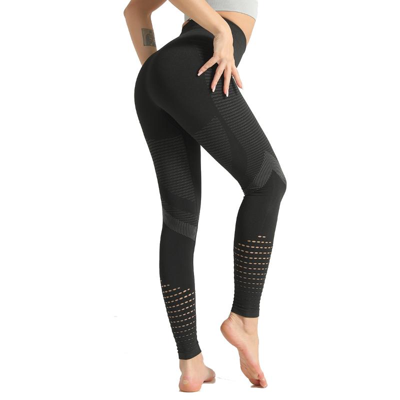 

Peach hip fitness pants women high waist tight seamless knitted yoga pants quick-drying breathable striped sports, Black