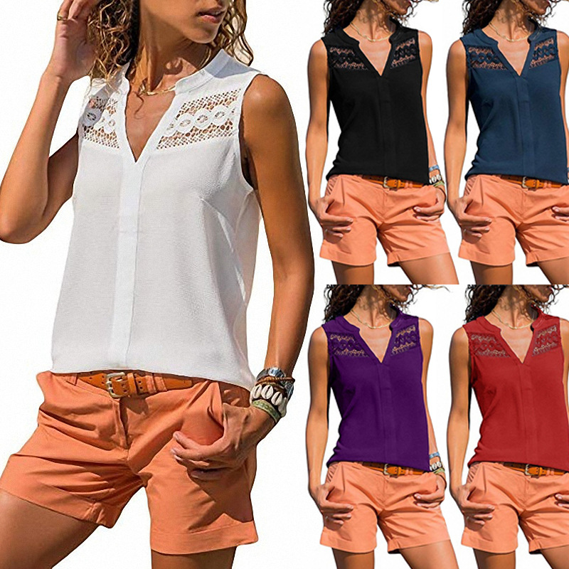 

Black White Shirt Women Summer Sleeveless Chiffion Plus Size Shirts Lace Women' Blouse V-neck Ladies Tops Female Clothing 2020