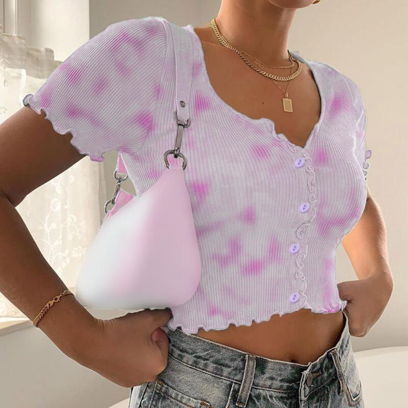 

Fashion Women' Tie-Dye Printed V-Neck Ribbed Knitted Ruffles Short-Sleeve Button Crop Tops Casual Slim Cardigan T-Shirts#p3, Blue