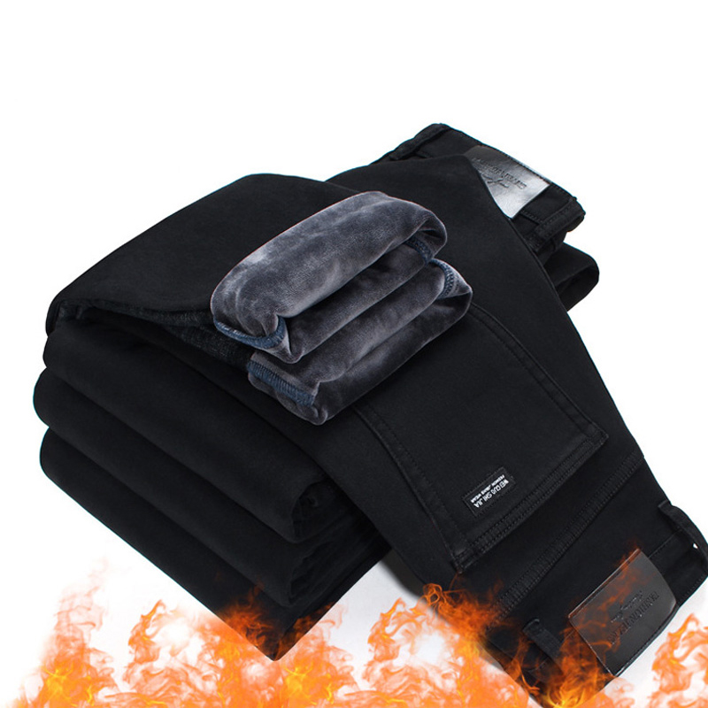 

2020 Men Fashion Winter Jeans Men pure black Color Slim Fit Stretch Thick Velvet Pants Warm Jeans Casual Fleece Trousers Male