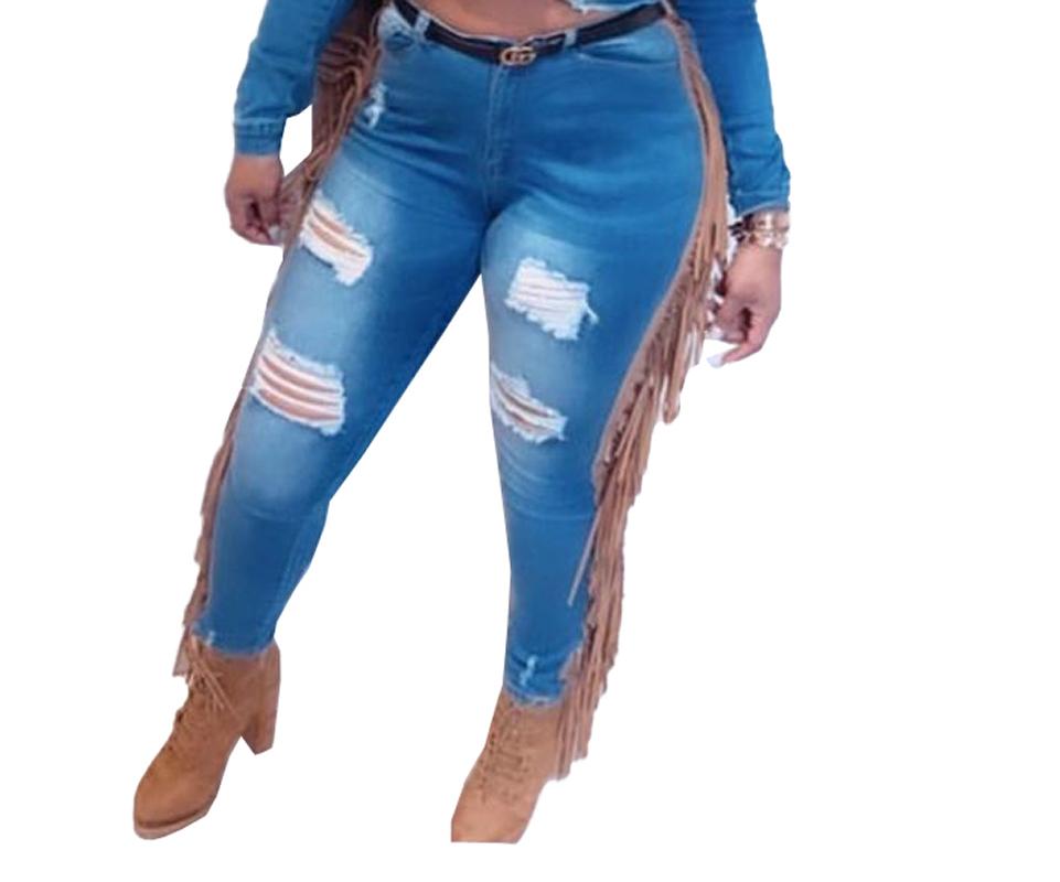 

2020 Winter Denim Washed Pants Women Tassel Solid Color Jeans Bleached Ripped Pencil Trousers Skinny Casual Mid Waist GL8113, Sky blue