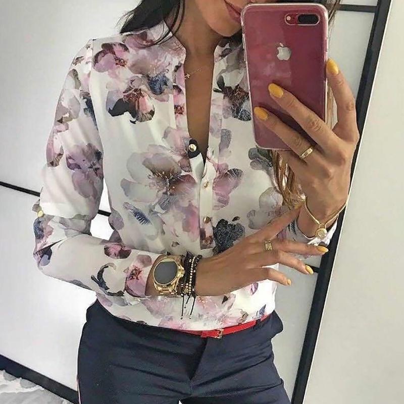 

Blackday 2021 Spring Women Elegant Casual Blouse Floral Print Button Design Long Sleeve Shirt Basic Top, As picture