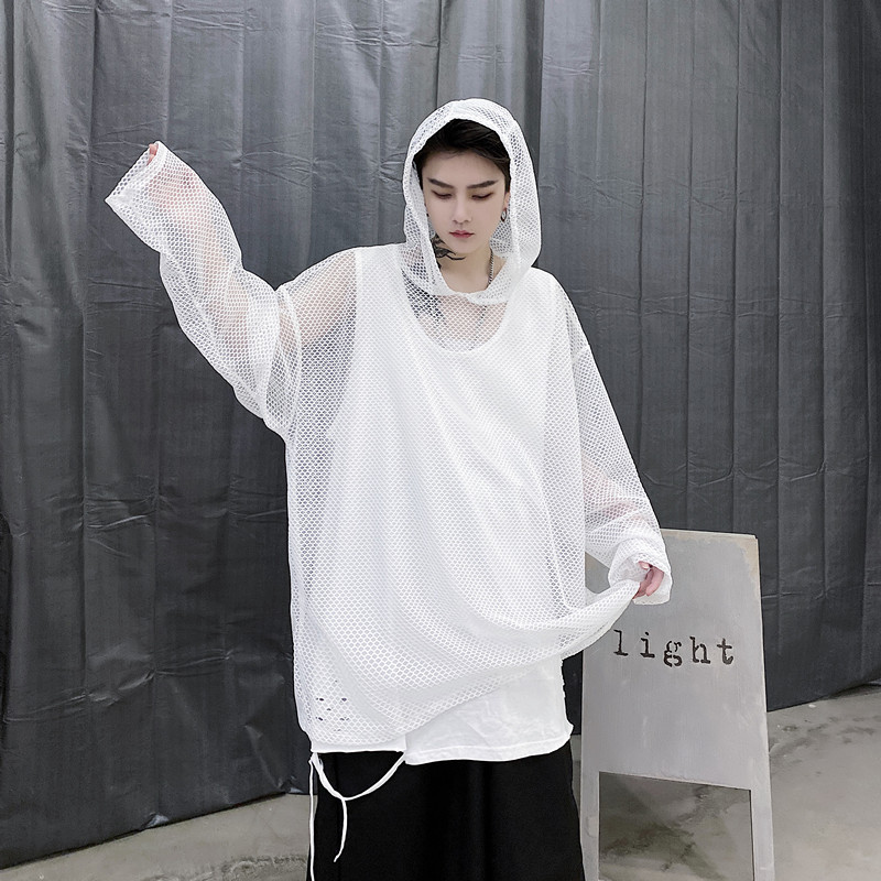

Men Summer Streetwear Loose Pullover Hooded Mesh Long Sleeve Casual Shirts Male Unisex Hip Hop Gothic Shirts Stage Clothing, W16 white