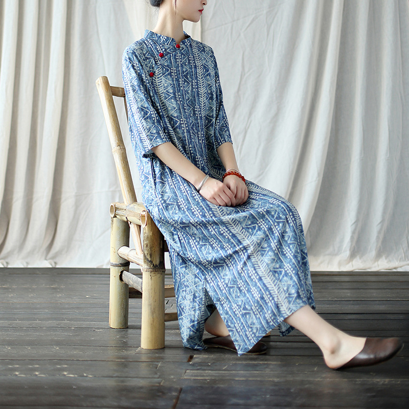 

Women Loose Cotton Linen Printed Dress Ladies Vintage Qipao Dresses Female 2020 Summer Autumn Cheongsam Dress, Print