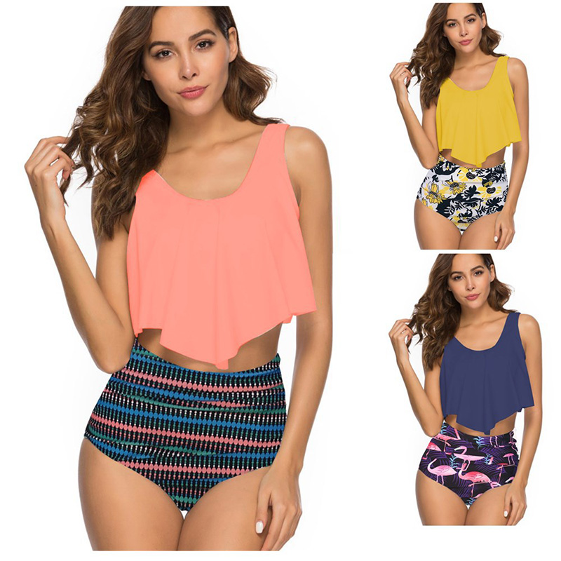 

2020 new sexy women' bikini set ruffled flower print swimsuit high waist bikini Brazilian swimsuit summer, Black