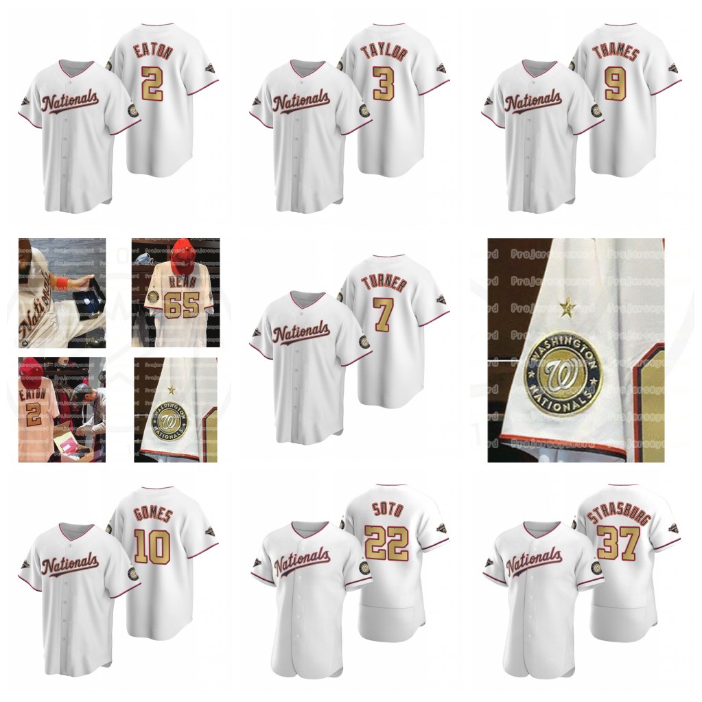 

Washington Trea Turner 2020 Gold-Trimmed Championship Yan Gomes Eric Thames Juan Soto Max Scherzer Howie Kendrick Sean Doolittle Jersey, Cool base youth s-xl