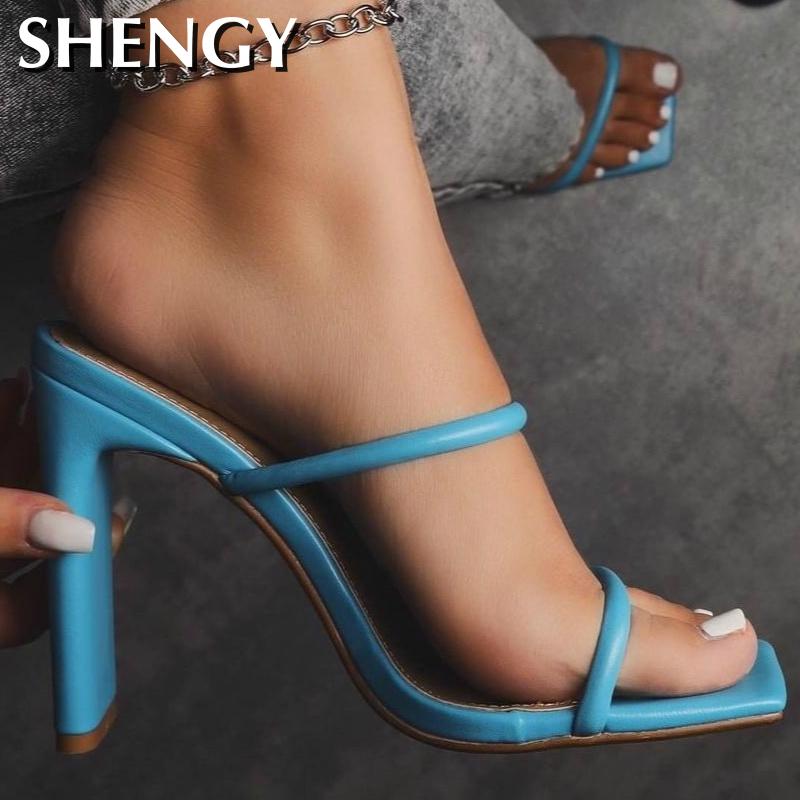 

Summer Women's Sandals Square Heel Sexy Strappy High Heels Candy Color Sandals 2020 Fashion Party Wedding Ladies Single Shoes, Rose red