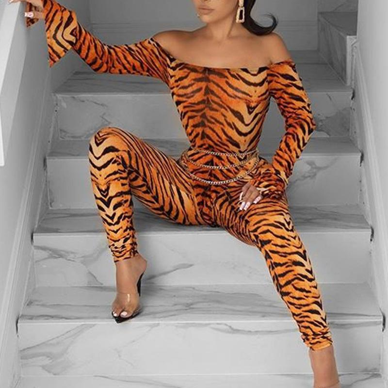 

women' slash neck jumpsuits sport Set sheath tiger printed sexy suits lady Off Shoulder Tigers Pattern Jumpsuits Long Pant#1018, Yellow