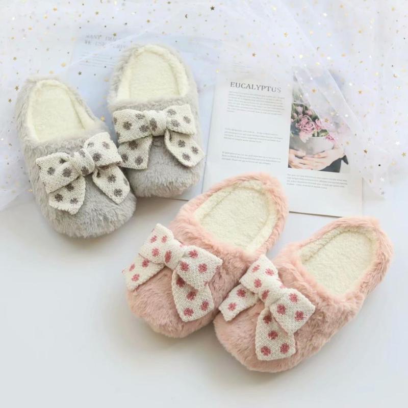 

Millffy Kawaii dot big bow pink gray woman slippers indoor home slippers slippery comfortable cute