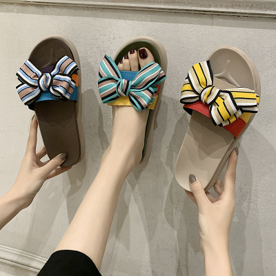 

Thick Bottom Slippers Women Summer 2020 New Non-slip Beach Shoes Ladies Flats Fashion Bowknot Stripes Wear a word sandals women, Beige