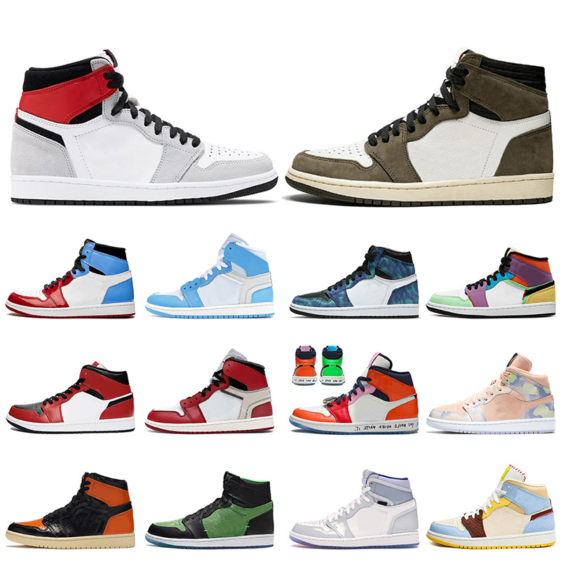 

2020 Jumpman 1 OG Light Smoke Grey Travis Scott 1 1s Womens Mens Basketball Shoes FEARLESS Tie-Dye High Dio Mid Chicago trainers sneakers, White;red