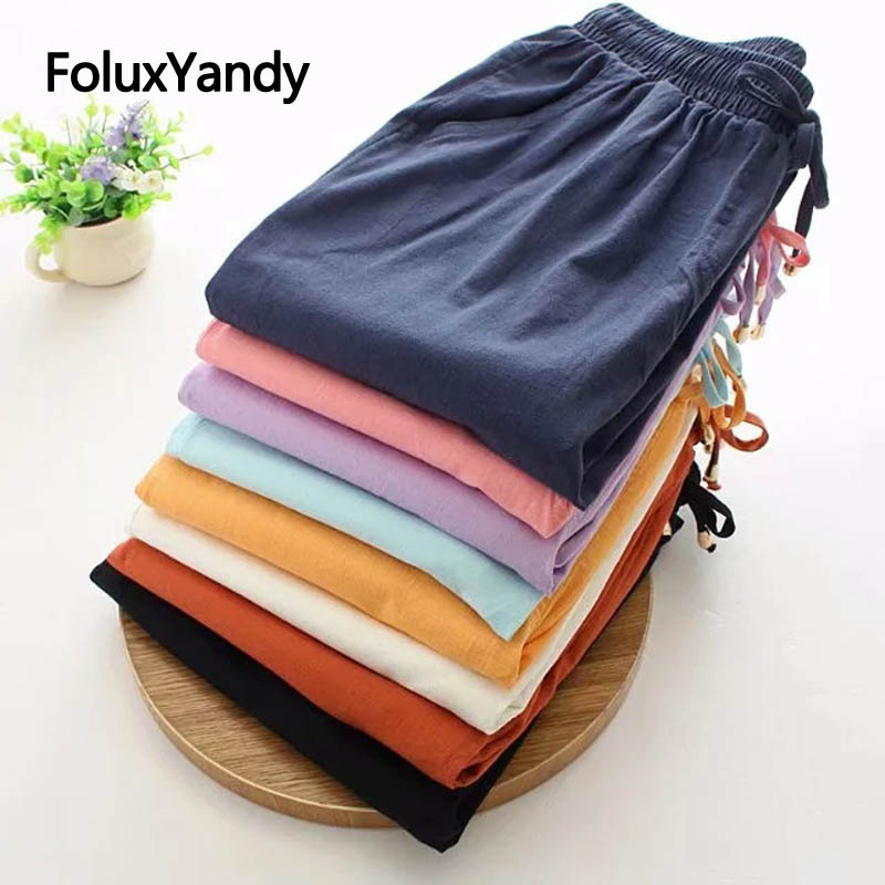 

6 Colors Women Summer Pants Thin Trousers Plus Size Cotton and Linen Stretch Casual Pants KKFY4570, Black