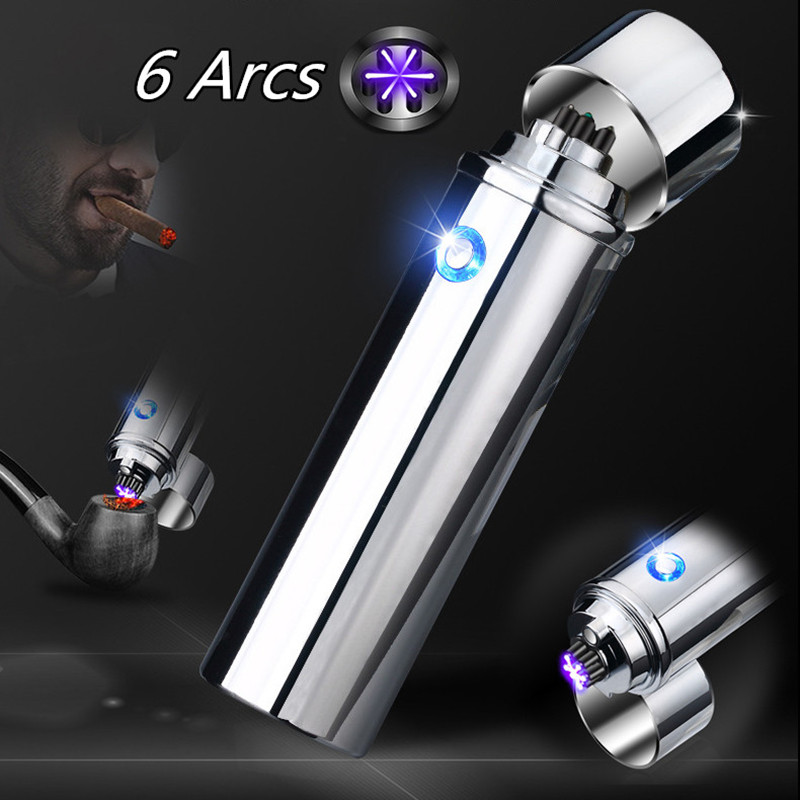 

New Cigar USB Lighter Electric 6 Pulse Arc Tobacco Pipe Lighter Cigarette Powerful Six Plasma Thunder Lighter Metal Cigarette Accessory