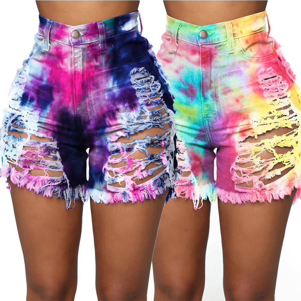 

Fashion Multicolored Denim Shorts Women Sexy Ladies Tie-dye Holes Jeans High Waist Nightclub Party Casual Wear Jeans 2020 New Arrivals, Blue
