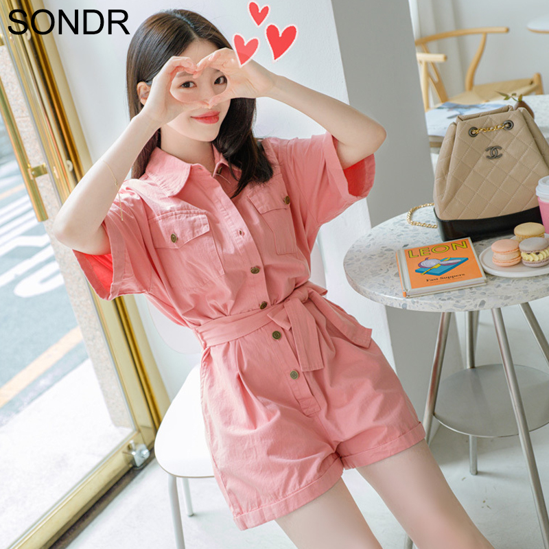 

Korean Denim Jumpsuit 2020 Summer New Short Sleeve Waist Conjoined Shorts Single Breasted Casual Tie-Up Overalls Wide Leg Pants, Black