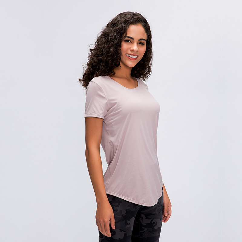 

Buttery Soft Round Neck Curved Hem Workout Tops Women Short Sleeve Performance Yoga Shirt Athletic Gym Top Relaxed Fitness Tee, Black